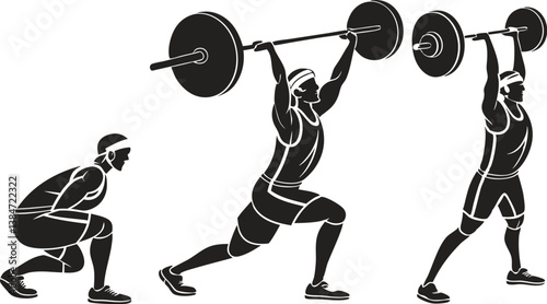 Silhouetted Weightlifting Sequence: Clean and Jerk Exercise Showing Power, Technique, and Strength