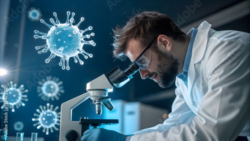 A scientist in action with laboratory background and hologram image of virus
