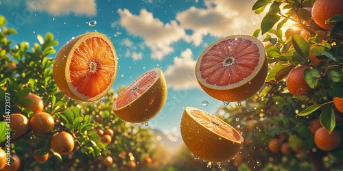 Juicy Grapefruit Halves Sunset Orchard Sunlight. photo