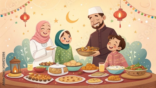 A Joyful Ramadan Iftar Gathering: Family Sharing a Festive Meal Under Lantern Light