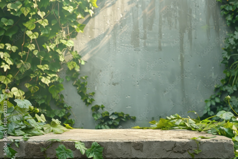 Greenery adorning a weathered stone platform in a tranquil urban garden setting Greenery adorning a weathered stone platform in a tranquil urban garden setting