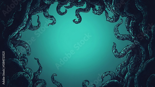 Abstract Illustration of Dark Tentacles Forming a Border Against a Gradient Blue Background