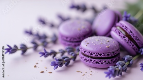 Dreamy lavender macarons with fresh flowers on white table