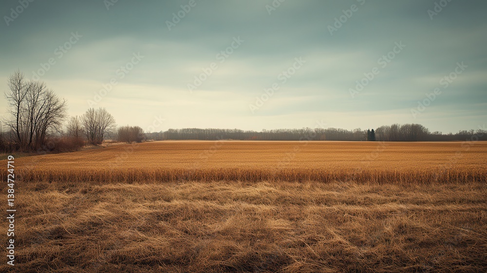 Golden field, autumn landscape, overcast sky, rural scene, nature backdrop Golden field, autumn landscape, overcast sky, rural scene, nature backdrop