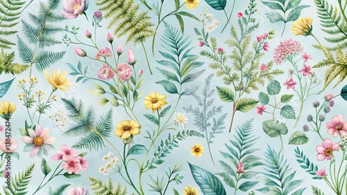 Delicate Watercolor Floral Pattern Featuring a Lush Arrangement of Blooming Flowers and Verdant Greenery on a Soft Pastel Blue Background