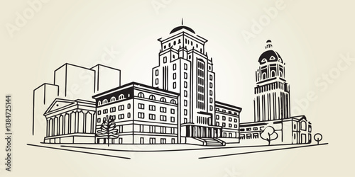 Greensboro skyline, capturing the Lincoln Financial Tower and historic architecture in a modern, one-line drawing style.