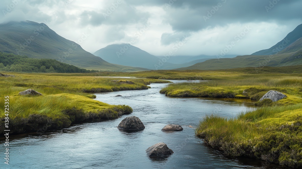 Fototapeta premium Highland stream flows, misty mountains