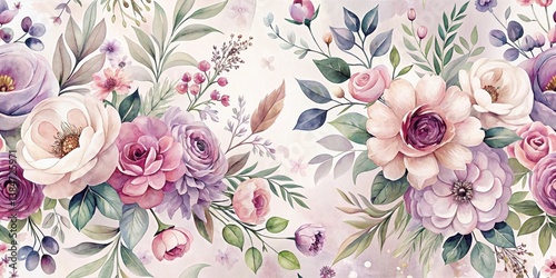 Elegant Watercolor Floral Pattern Featuring Delicate Roses, Ranunculus, and Lush Greenery in Soft Pastels