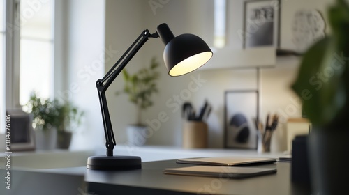 A sleek black table lamp with an adjustable arm placed on a modern desk in a well-organized home office