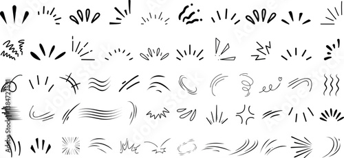 Comic line sparkle and movement elements set. black ink motion accents, burst effects, and dynamic hand drawn stroke symbols perfect for manga, cartoon, or pop art vector illustration projects