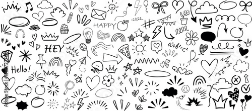 Doodle element, sketch icon, and hand drawn symbol collection featuring hearts, speech bubble, cloud, crown, star, lightning, arrow, pizza, and rainbow. Perfect for comics, design, or decoration proje