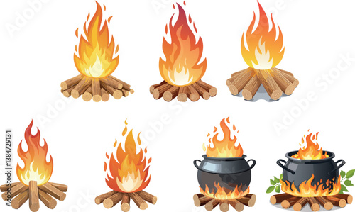 Bonfire Set Vector Illustration Campfire and Firewood Icons