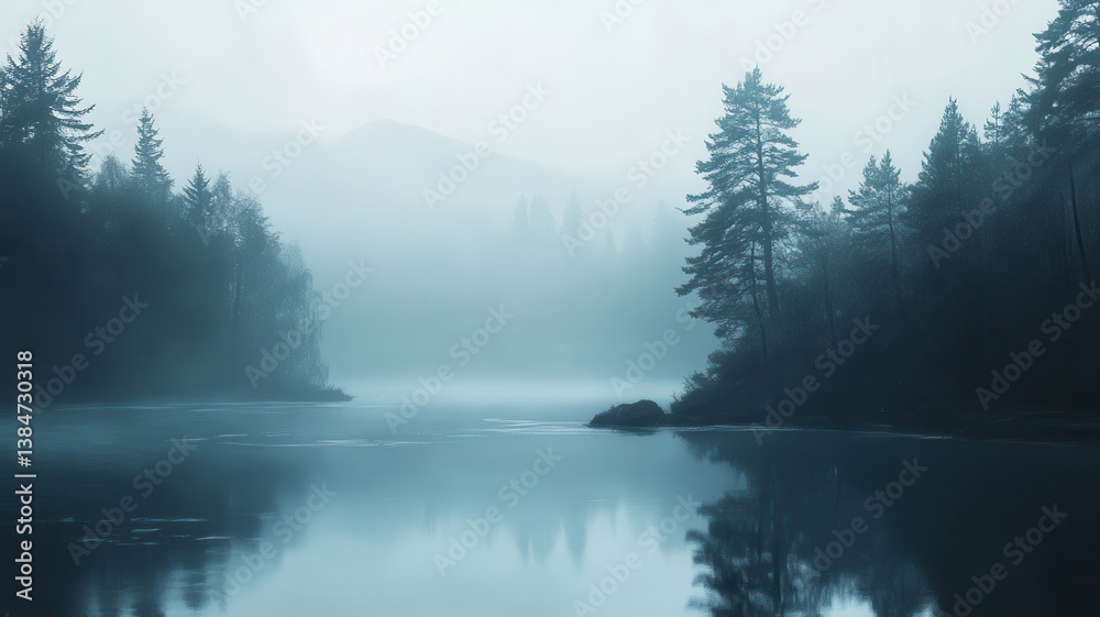 Fototapeta premium Misty lake, forest reflection, tranquil dawn, nature scene