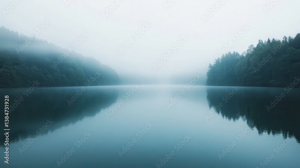 Fototapeta premium Misty lake reflection, serene forest, tranquil dawn, nature scene, wallpaper
