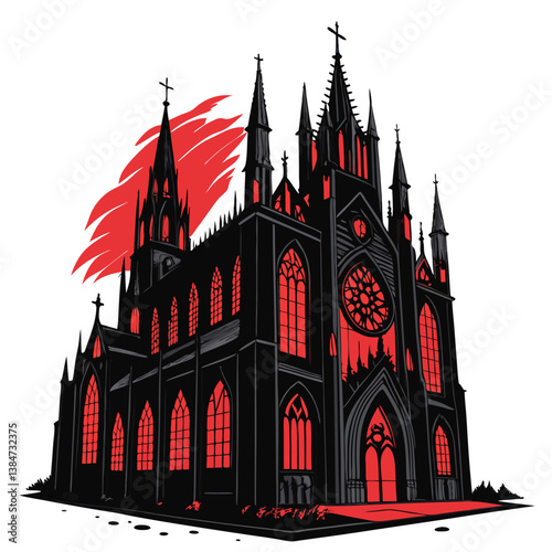 Create a bold vector illustration of a haunted Gothic cathedral featuring a prominent, stylized cat.  Emphasize dark, dramatic strokes.
