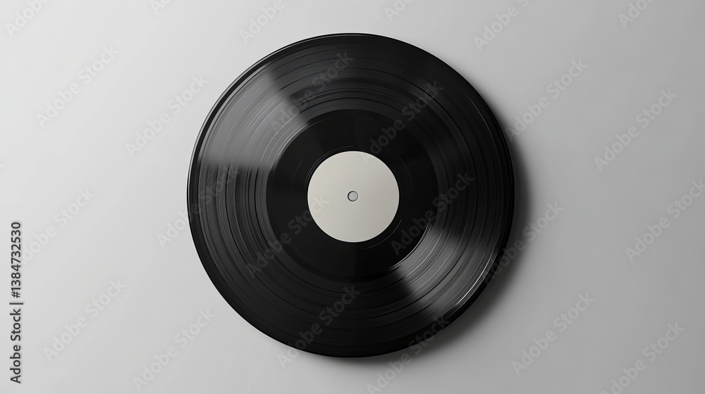 Fototapeta premium A black vinyl record with a white label centered on a light gray surface in a studio setting