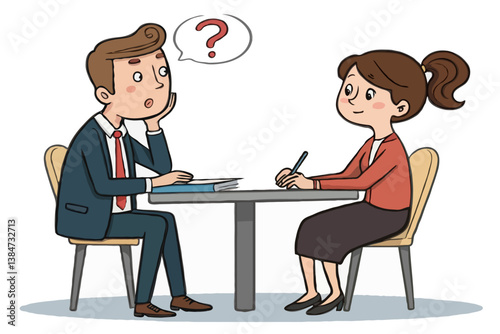 Business Job Interview concept. Vector cartoon illustration of a man in suit asking questions and a woman answering them while sitting at a table. Isolated on background