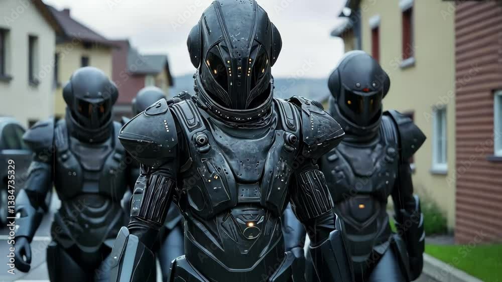 Alien invaders in armored suits march through a quiet town street during an early evening, Alien invaders in armor standing in small town street Alien invaders in armored suits march through a quiet town street during an early evening, Alien invaders in armor standing in small town street