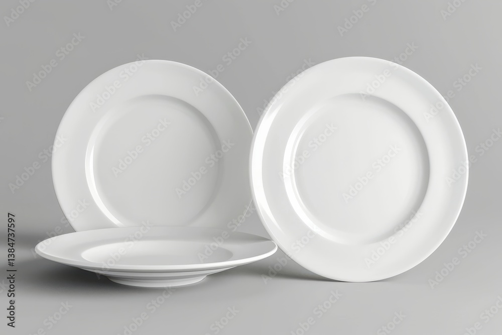 Set of three white plates in various sizes on a neutral background Set of three white plates in various sizes on a neutral background