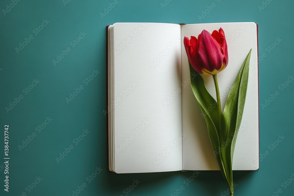 Fototapeta premium A beautiful open notebook with a vibrant red tulip flower