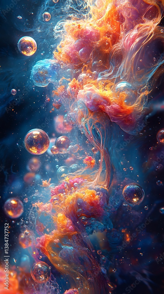 Obraz premium Colorful Swirl of Clouds and Bubbles Against Deep Blue Background