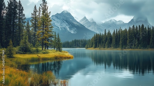 Mountain lake autumn reflection, misty peaks