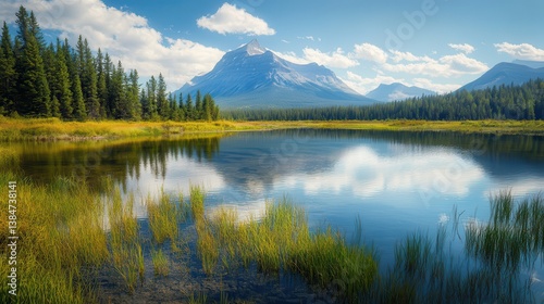 Mountain lake reflection, autumn, scenic panorama, travel postcard