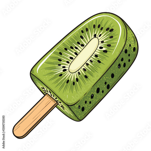 Create a bold, vector illustration of a refreshing kiwi popsicle with realistic dripping texture.  Use vibrant green and brown tones.