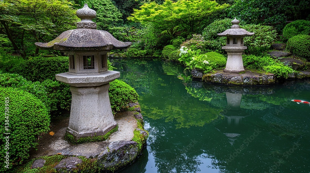Tranquil japanese garden with traditional lanterns and koi fish serene nature scene peaceful environment gigapixel scale Tranquil japanese garden with traditional lanterns and koi fish serene nature scene peaceful environment gigapixel scale