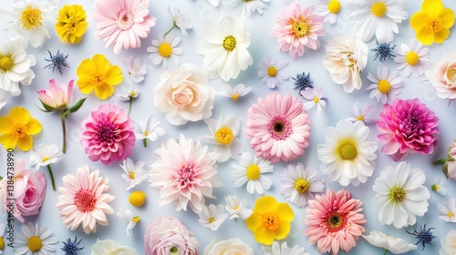Flat lay of fresh spring flowers creating a beautiful background. stock photo --ar 16:9 --style raw --v 6 Job ID: dbbf21b5-a2d8-43f4-a38e-1743c3a34d88