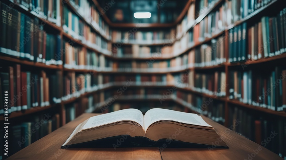 Open book on a wooden table in a library with shelves filled with books in the background blurred view Open book on a wooden table in a library with shelves filled with books in the background blurred view