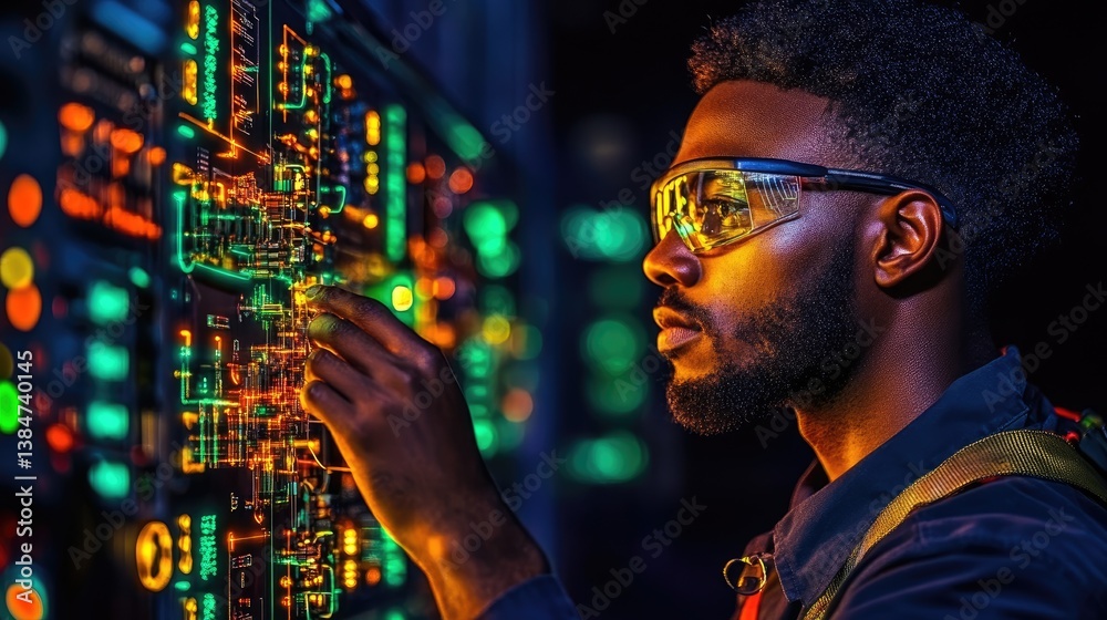 Focused technician examines complex control panel Focused technician examines complex control panel