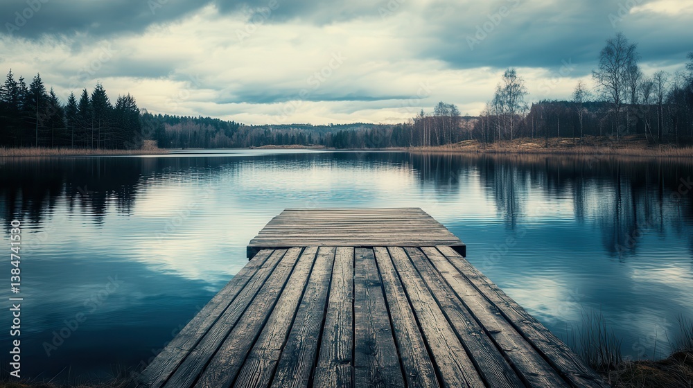 Obraz premium Serene lake dock, forest backdrop, calm water