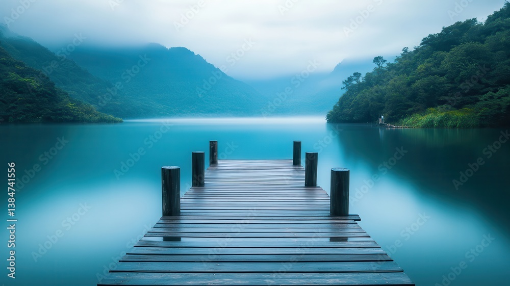 Serene lake dock, misty mountains, calm water, peaceful scene, travel poster Serene lake dock, misty mountains, calm water, peaceful scene, travel poster