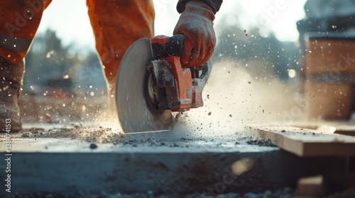 A construction worker using a concrete saw at a job site. Featuring focus and precision