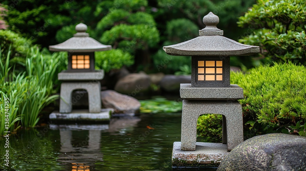 Japanese lanterns and koi pond serenity traditional garden nature photography zen environment close-up view Japanese lanterns and koi pond serenity traditional garden nature photography zen environment close-up view