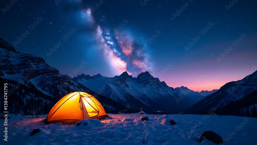 Illuminated tent under a starry sky majestic snowy mountains peaceful night camping adventure Illuminated tent under a starry sky majestic snowy mountains peaceful night camping adventure