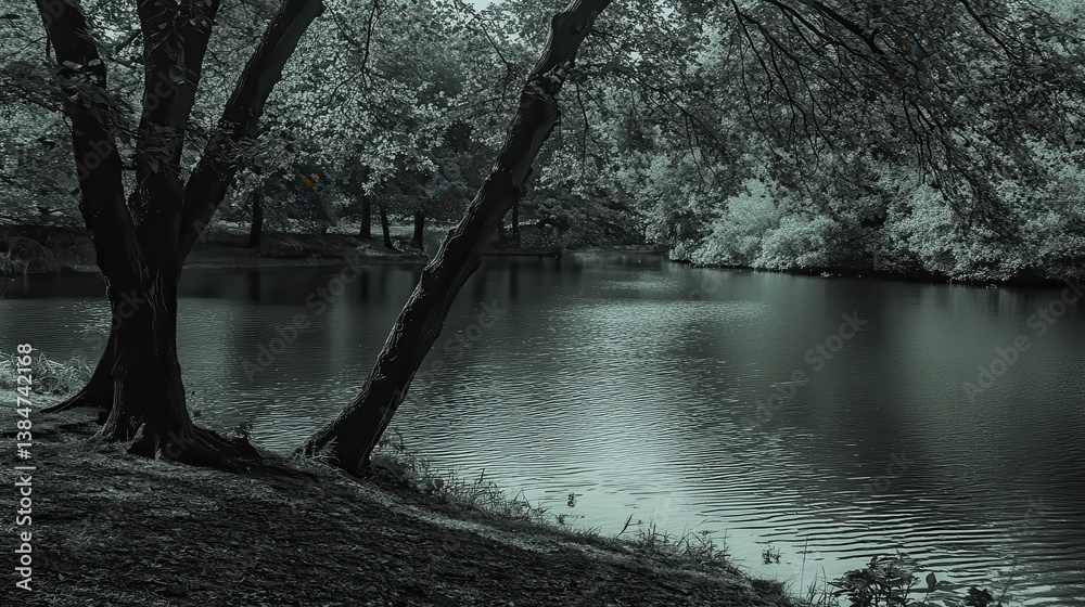 Serene park pond, trees framing calm water, background foliage, nature backdrop Serene park pond, trees framing calm water, background foliage, nature backdrop