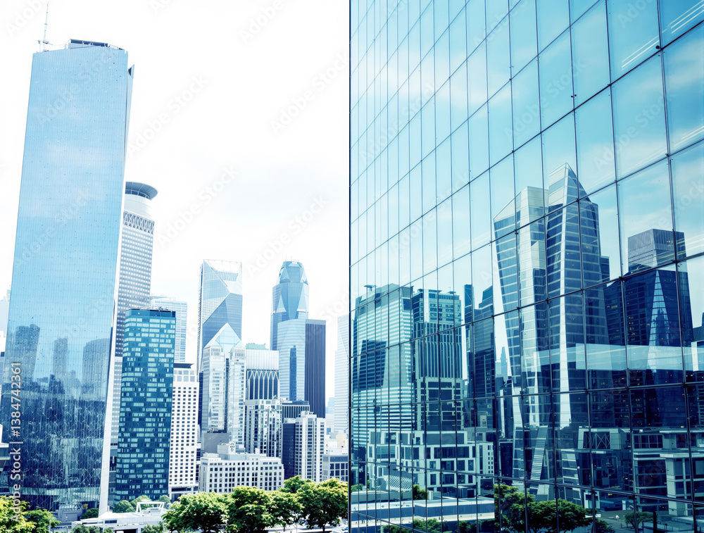 Obraz premium Urban skyline with modern glass skyscrapers mirrored on a building facade, realistic style, bright daylight background, concept of city architecture. Ai generative