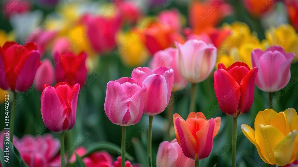 Fototapeta premium Colorful tulips creating a stunning background in spring. stock photo --ar 16:9 --style raw --v 6 Job ID: 39f0c7bb-3081-44ee-b284-77d01237d11d