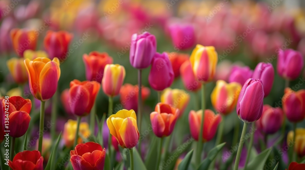 Fototapeta premium Colorful tulips creating a stunning background in spring. stock photo --ar 16:9 --style raw --v 6 Job ID: 39f0c7bb-3081-44ee-b284-77d01237d11d