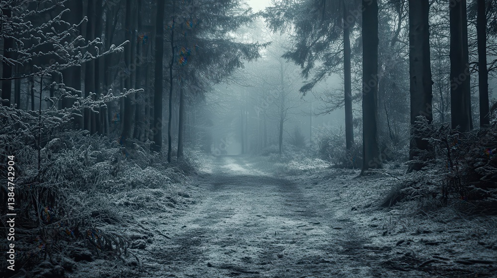 Naklejka premium Snowy path through misty winter forest