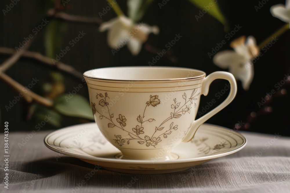 Fototapeta premium Vintage tea cup and saucer on a cloth table with floral accents in soft lighting