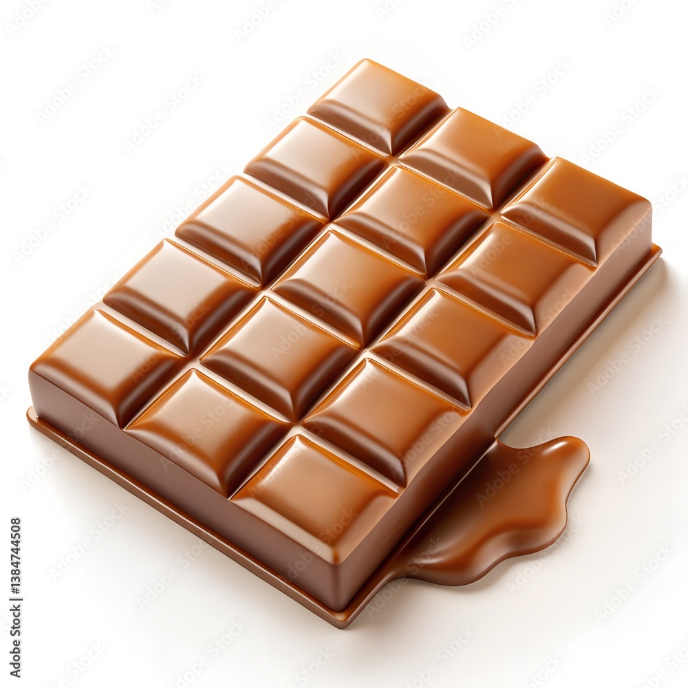 Obraz premium A silky, smooth milk chocolate bar with a glossy finish, rich caramel and milk tones blending seamlessly, delicate drips and soft reflections, finely detailed texture, high-quality close-up shot (8