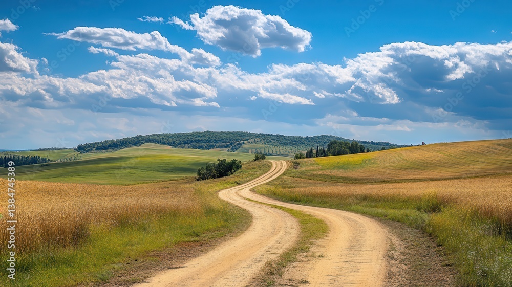 Winding country road, summer fields, blue sky, clouds, travel Winding country road, summer fields, blue sky, clouds, travel