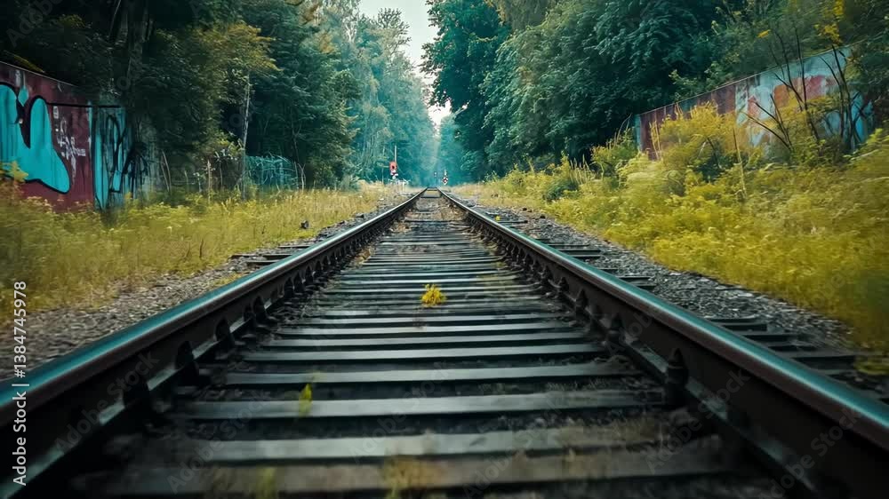 Railroad tracks vanish into overgrown forest Railroad tracks vanish into overgrown forest
