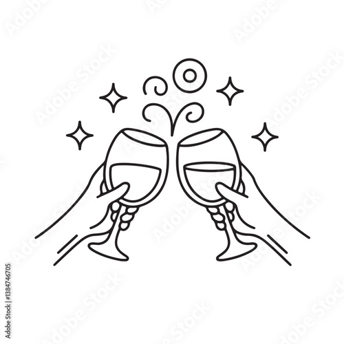 Vector simple minimal linear style illustration with cartoon hands holding wine glasses, celebration and party vibe, invitation design element, banner, template