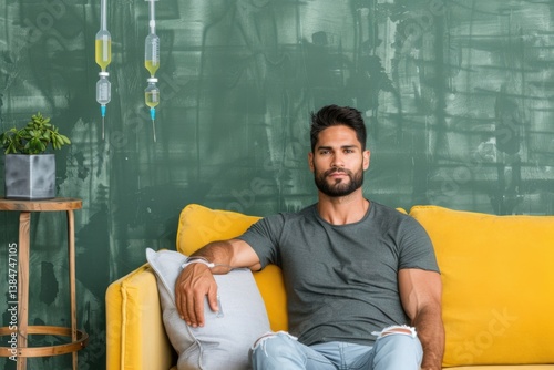 Man receiving IV therapy while relaxing on a yellow sofa in a modern health lounge