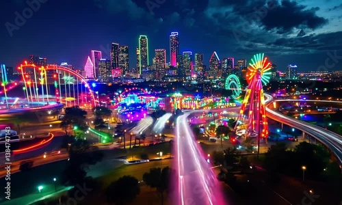 Dallas Skyline at Night with State Fair Illumination