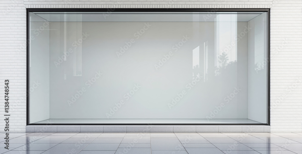 Empty storefront window display with clean glass and white brick wall background, minimal layout concept for advertising, branding or design mockup. Ai generative